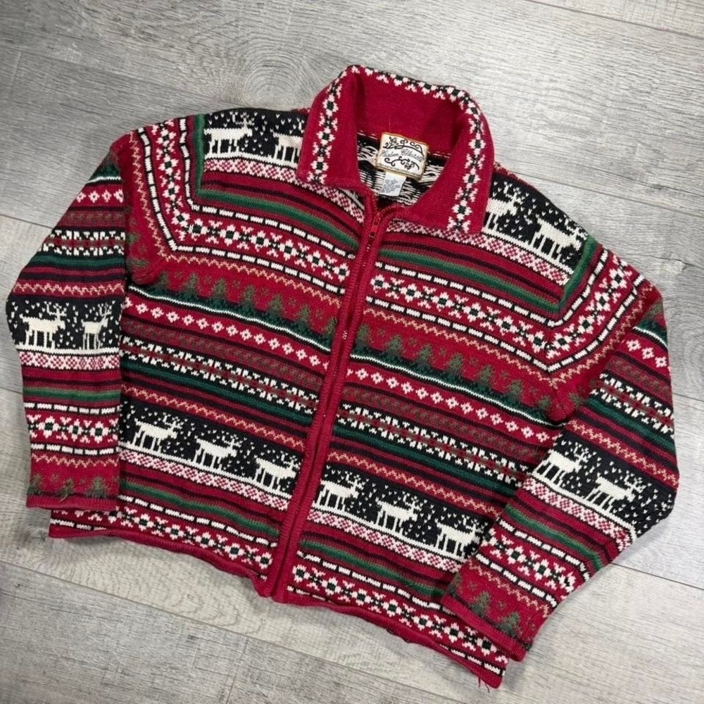 Vintage 90s cottage core grandma core knit Christmas winter full zip sweater